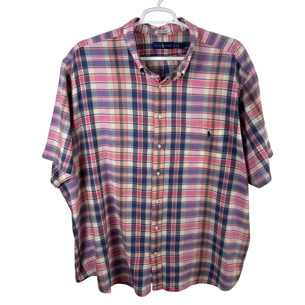 Ralph Lauren Short-Sleeve Button-Down Shirt Men's 4XB Pink Blue Plaid Madras 4XL